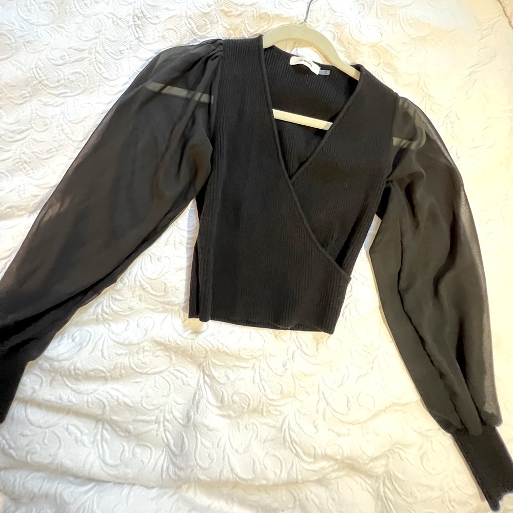Idem Ditto Black Blouse Long Sleeve Mesh V neck